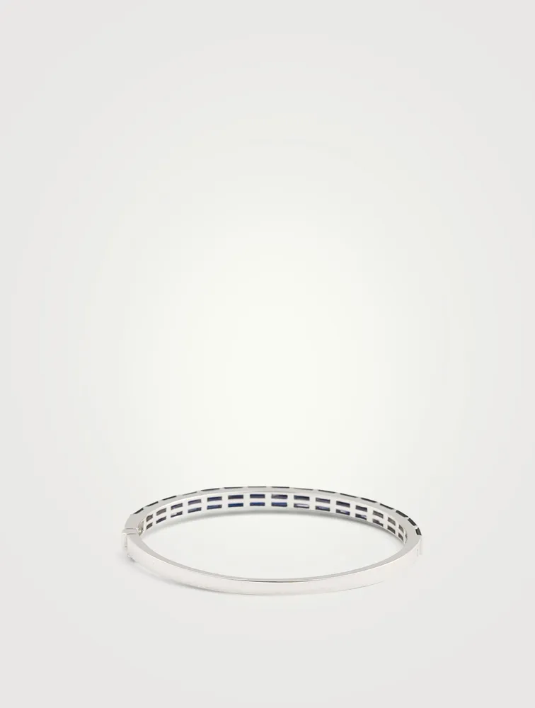 18K White Gold Half Baguette Bangle Bracelet With Blue Sapphire