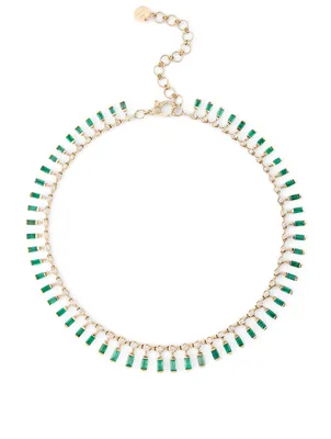 18K Gold Dot Dash Choker Necklace With Emerald And Diamonds