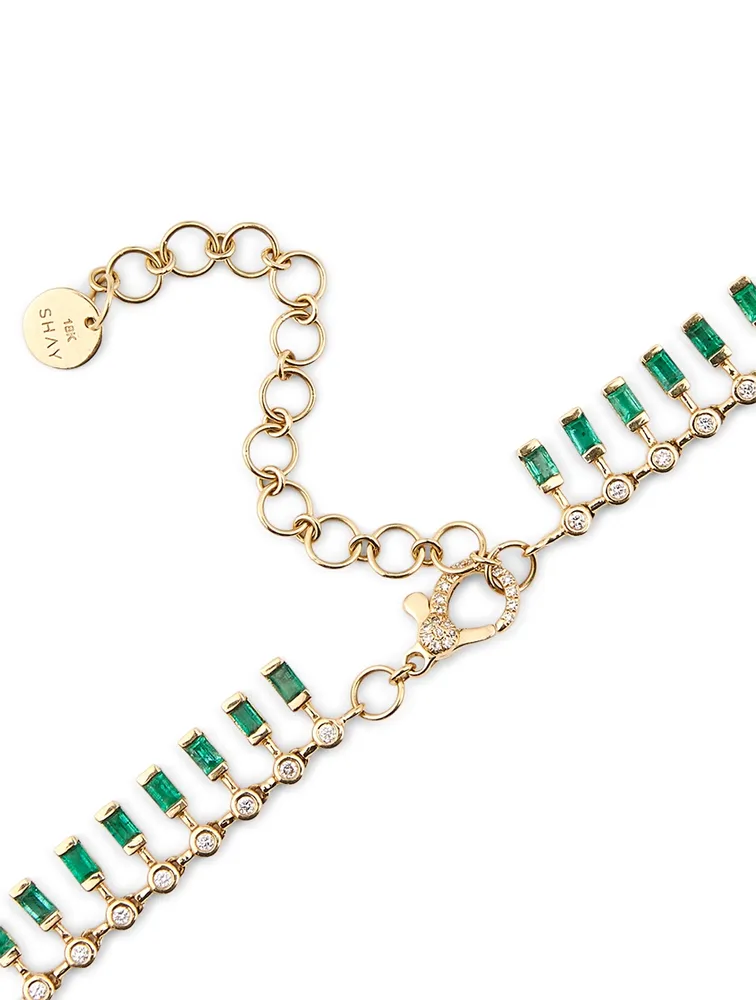 18K Gold Dot Dash Choker Necklace With Emerald And Diamonds