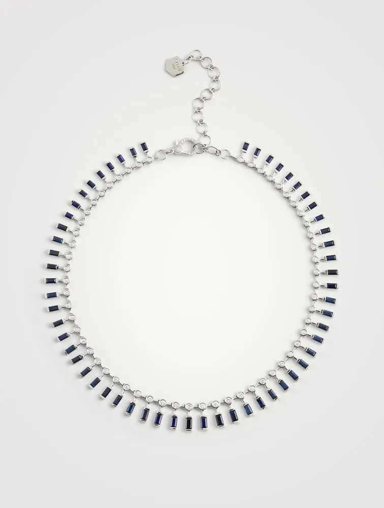 18K White Gold Dot Dash Choker Necklace With Blue Sapphire And Diamonds