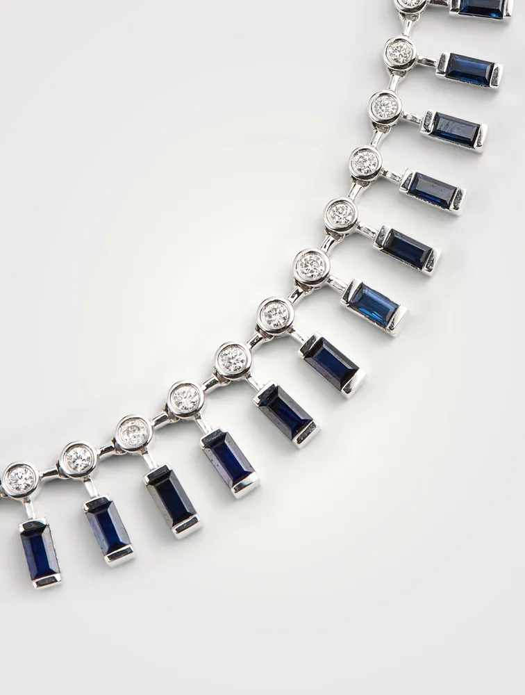 18K White Gold Dot Dash Choker Necklace With Blue Sapphire And Diamonds