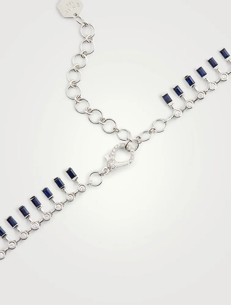 18K White Gold Dot Dash Choker Necklace With Blue Sapphire And Diamonds