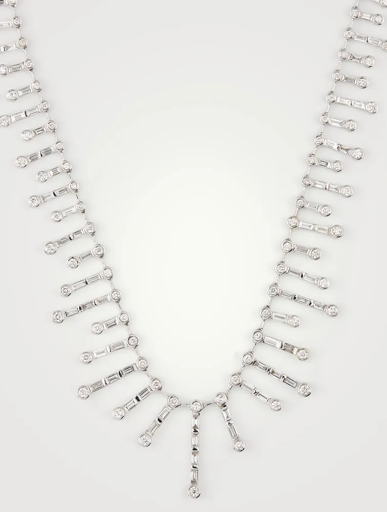 18K White Gold Fishbone Necklace With Diamonds