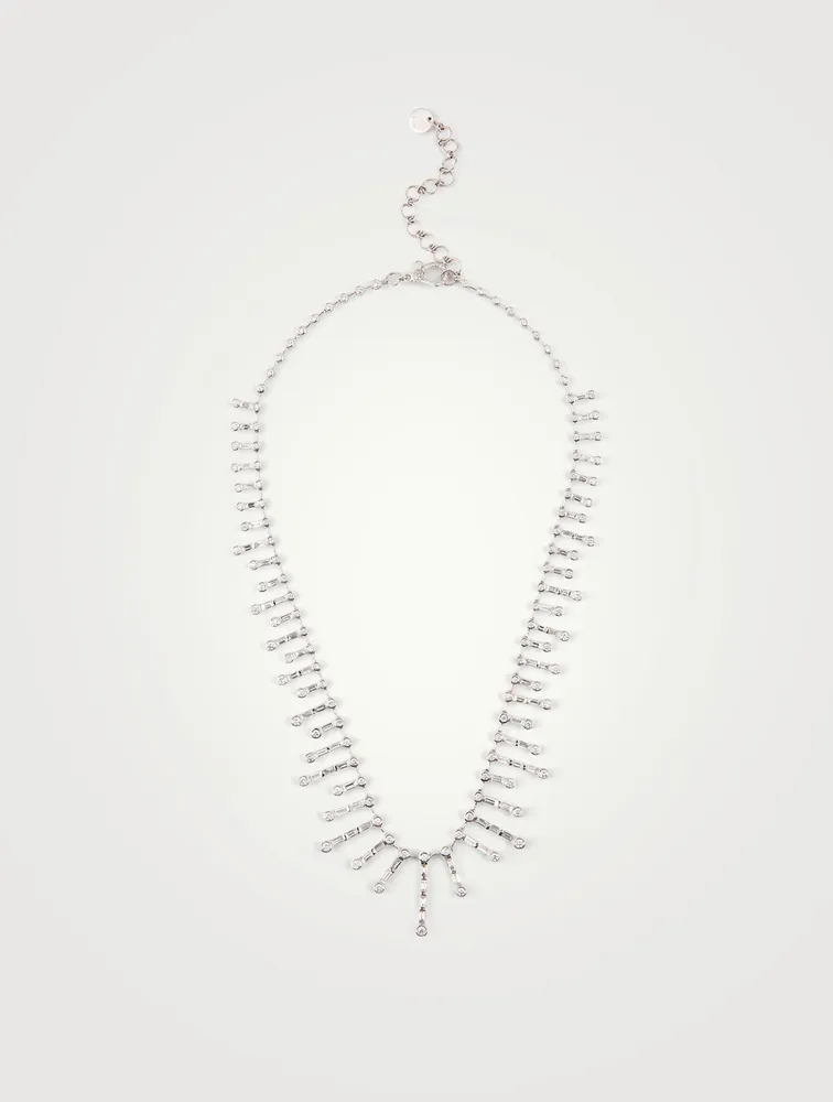 18K White Gold Fishbone Necklace With Diamonds