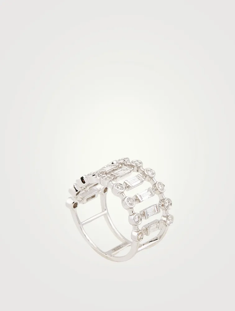 18K White Gold Dot Dash Ring With Diamonds