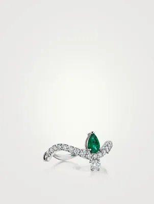 Mirage 18K White Gold Ring With Emerald And Diamonds
