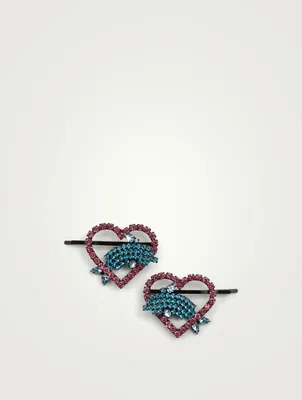 Set Of Two Heart Dolphin Crystal Hair Pins