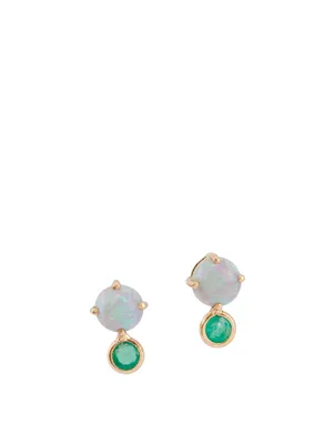18K Gold Dot Stud Earrings With Opal And Emerald