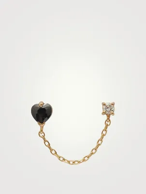 14K Gold Chain Earring With Onyx Heart And Diamond