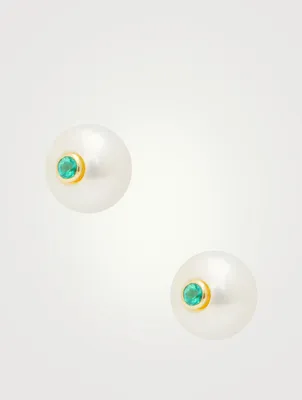 14K Gold Pearl Stud Earrings With Emeralds