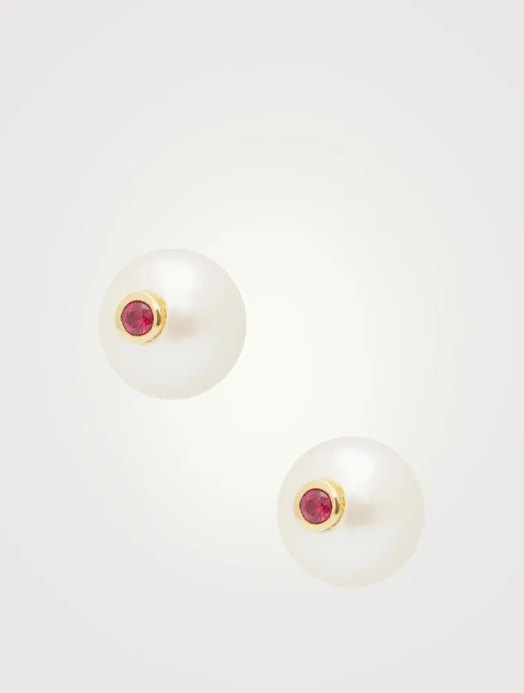 14K Gold Pearl Stud Earrings With Rubies