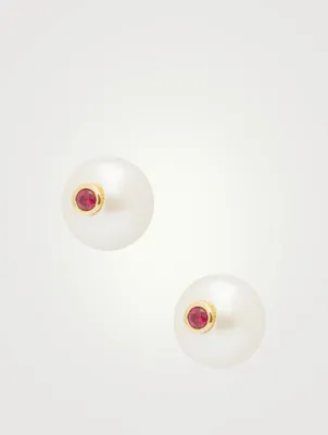 14K Gold Pearl Stud Earrings With Rubies