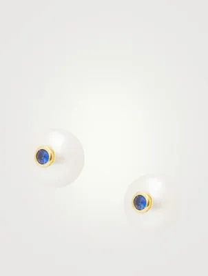 14K Gold Pearl Stud Earrings With Blue Sapphire