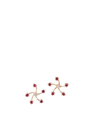 14K Gold Fire Flower Earrings With Rubies And Diamonds