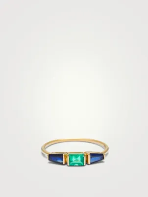 18K Gold Triplet Ring With Blue Sapphire And Emerald