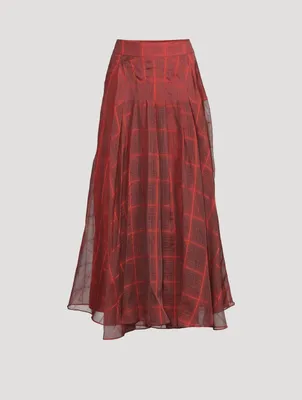 Silk Organza Pleated Long Skirt Plaid Print