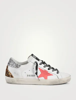 Super-Star Leather Sneakers With Glitter & Leopard Print Heel Tab