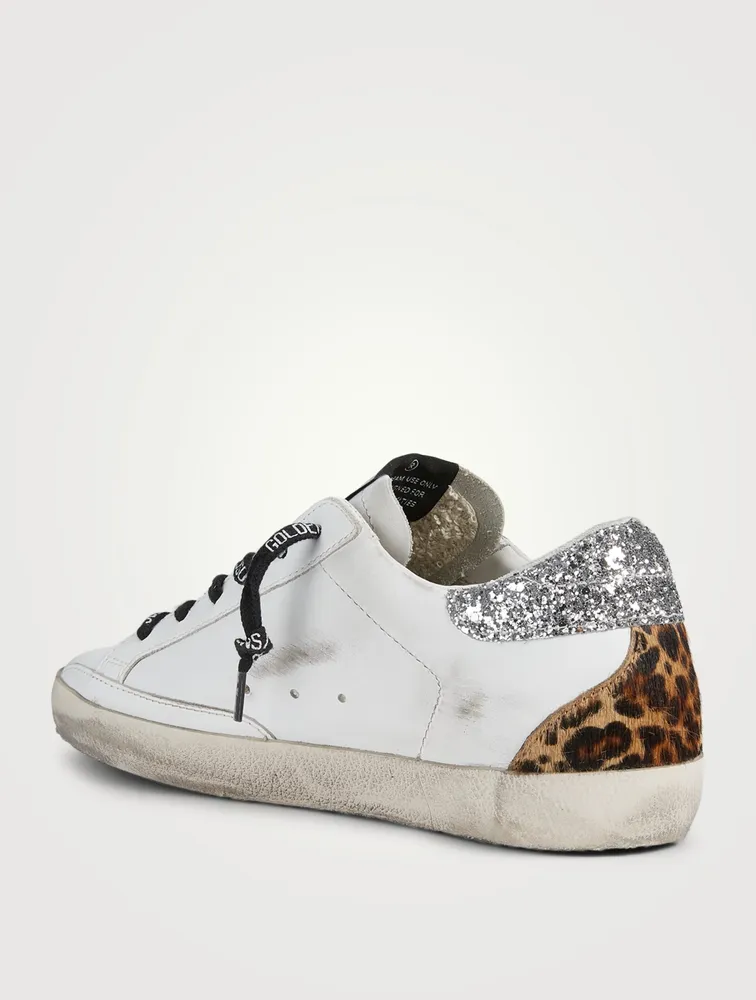 Super-Star Leather Sneakers With Glitter & Leopard Print Heel Tab