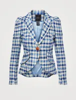 Linen-Blend Pouf-Sleeve Blazer Check Print