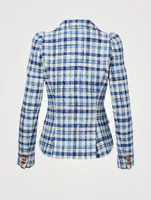 Linen-Blend Pouf-Sleeve Blazer Check Print