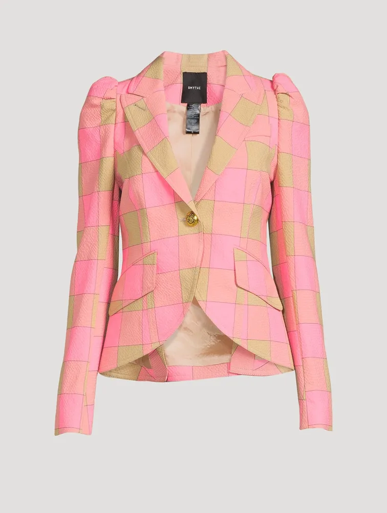 Pouf-Sleeve Blazer Check Print