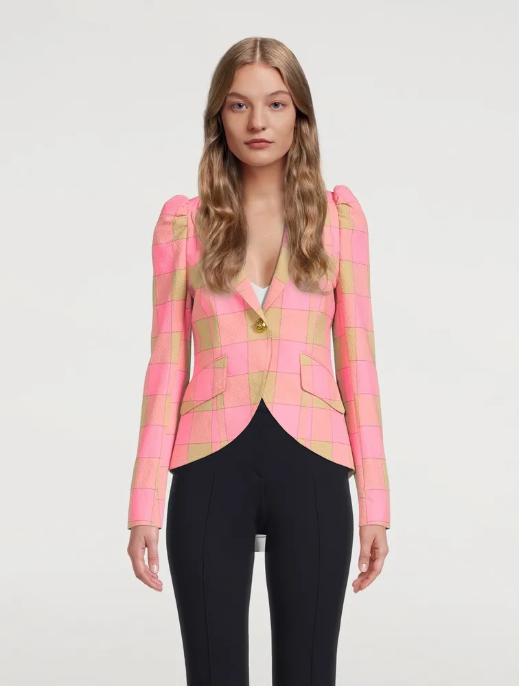 Pouf-Sleeve Blazer Check Print