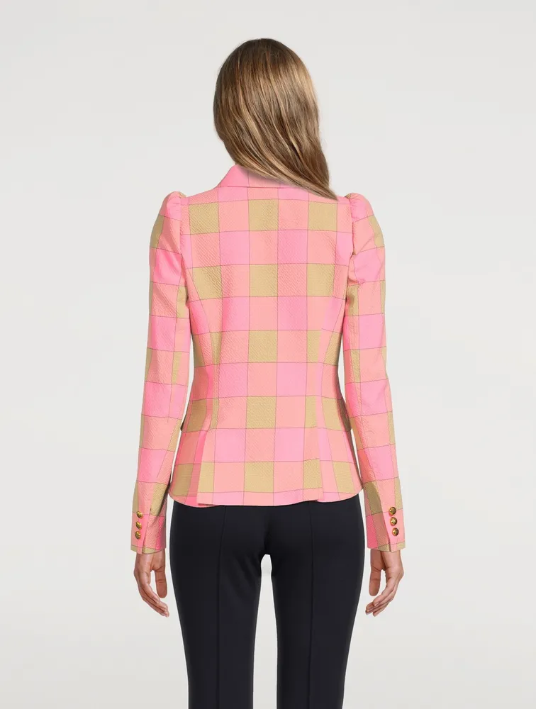 Pouf-Sleeve Blazer Check Print