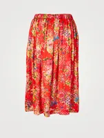 Chiffon Satin Midi Skirt Floral Print