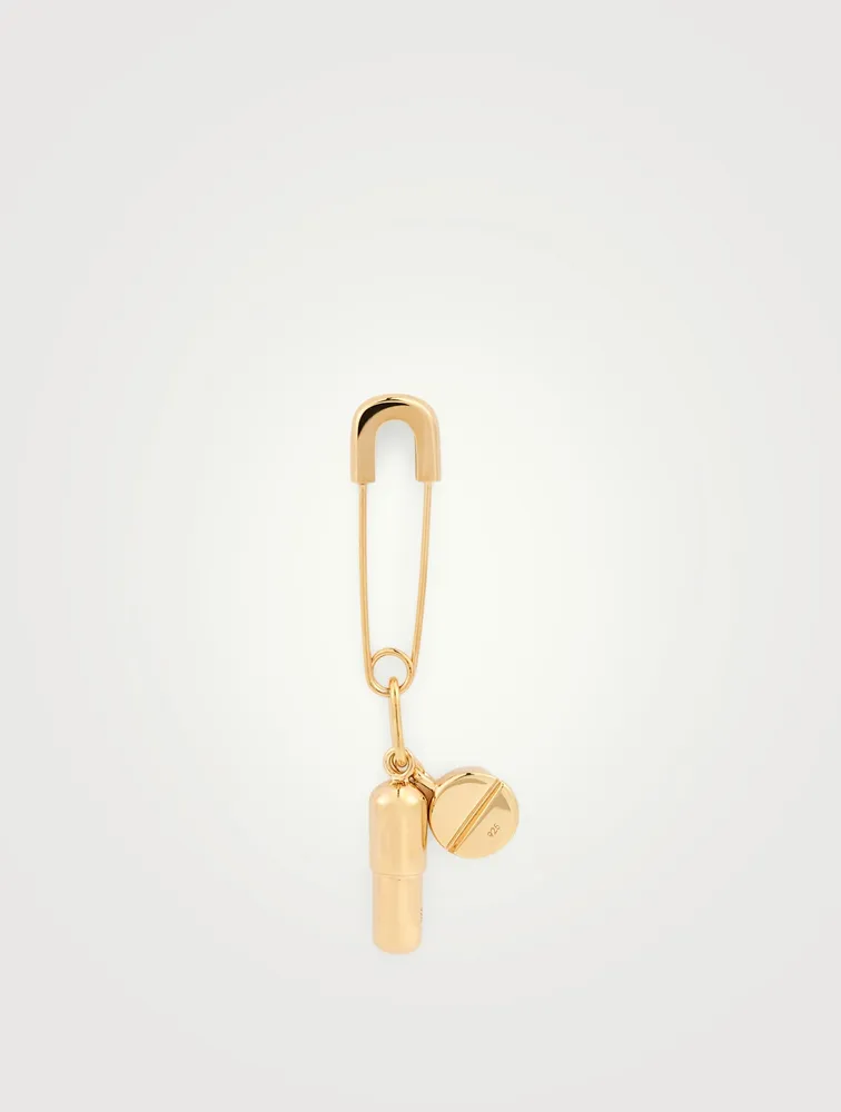 18K Goldplated Safety Pin Pill Charm Earring