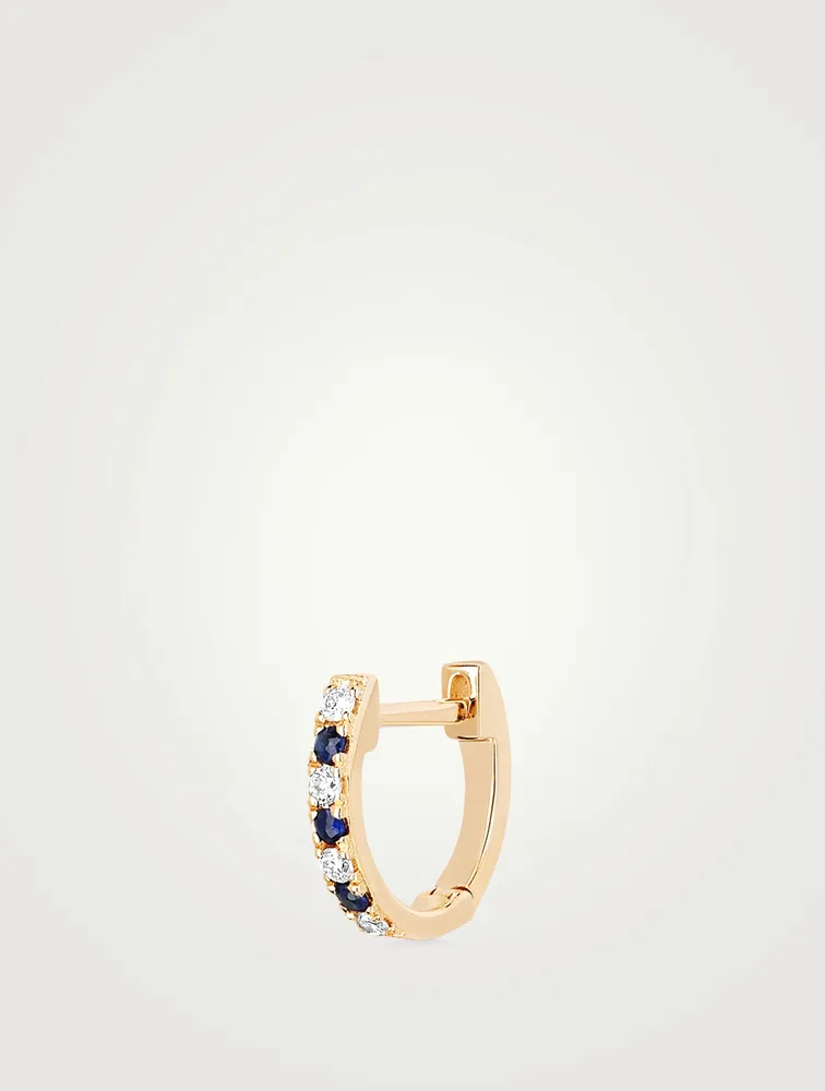 Mini 14K Gold Huggie Hoop Earring With Diamonds And Sapphire