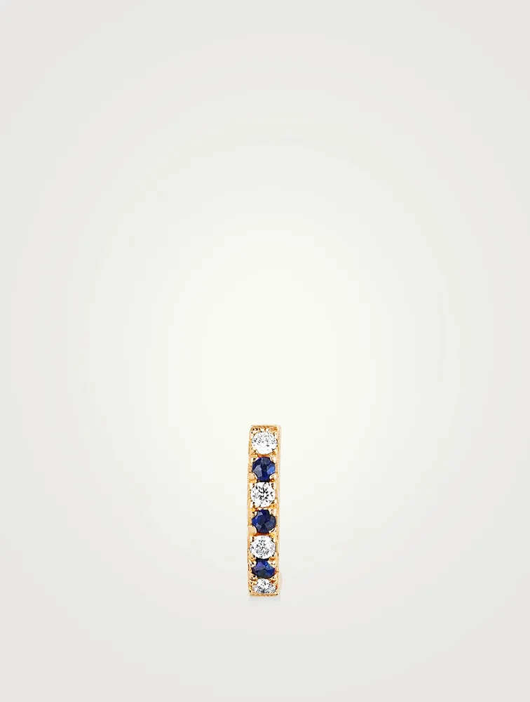 Mini 14K Gold Huggie Hoop Earring With Diamonds And Sapphire