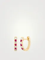 Mini 14K Gold Huggie Hoop Earring With Diamonds And Ruby