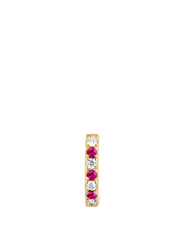 Mini 14K Gold Huggie Hoop Earring With Diamonds And Ruby