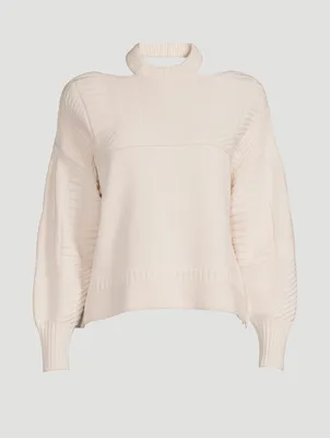 Wool-Blend Knit Open-Shoulder Crewneck Sweater