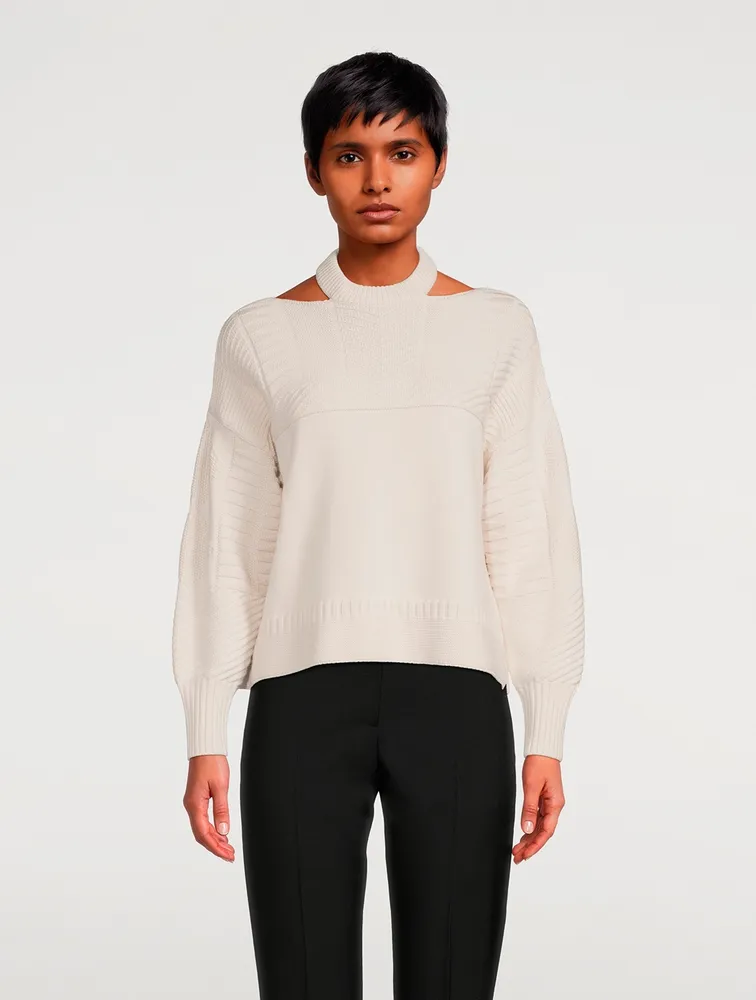 Wool-Blend Knit Open-Shoulder Crewneck Sweater