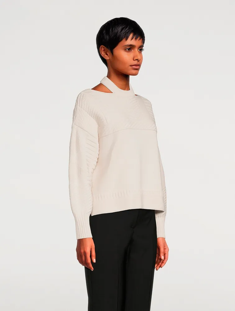 Wool-Blend Knit Open-Shoulder Crewneck Sweater