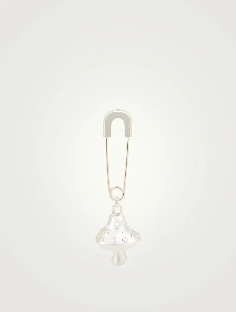Sterling Silver Safety Pin Mushroom Charm Earring
