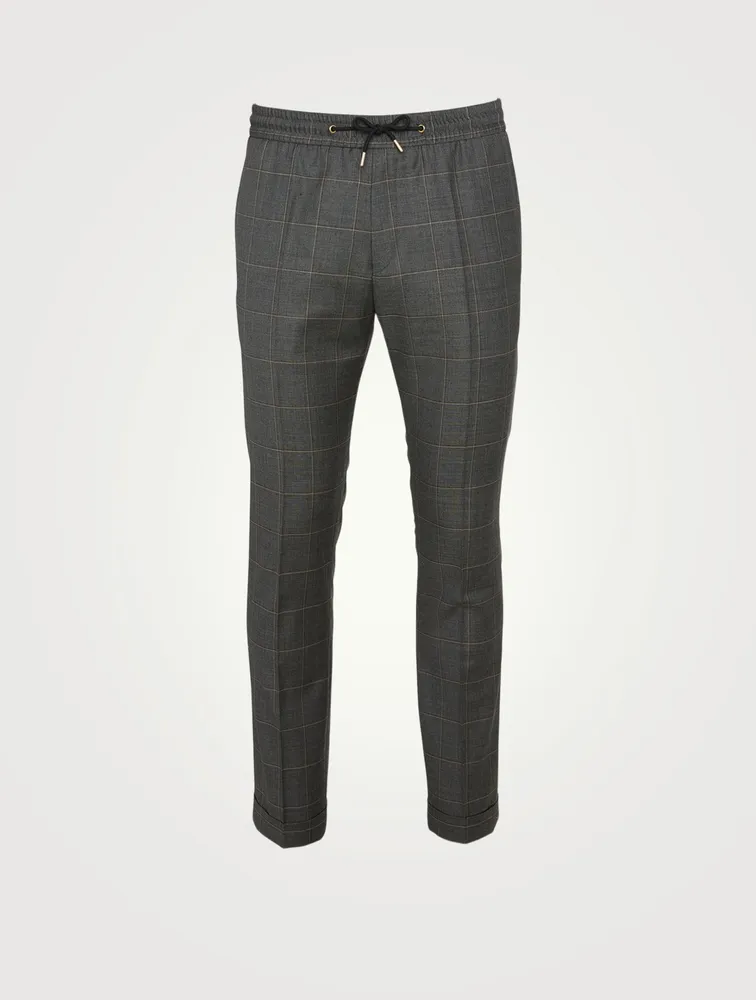 Wool Drawstring Pants Windowpane Print