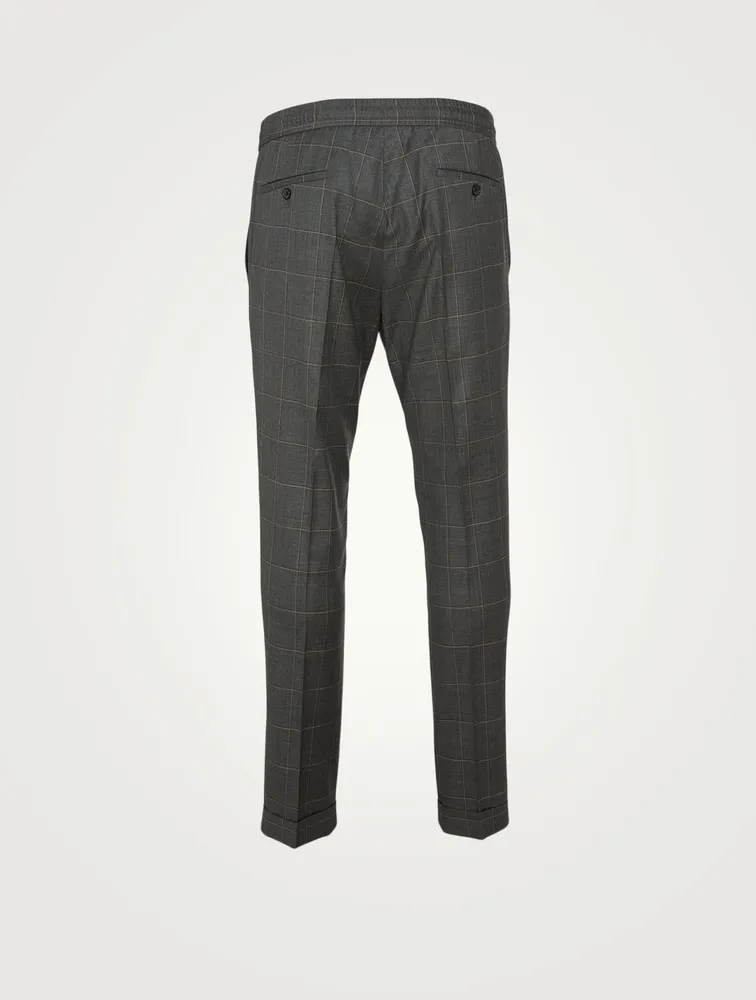 Wool Drawstring Pants Windowpane Print