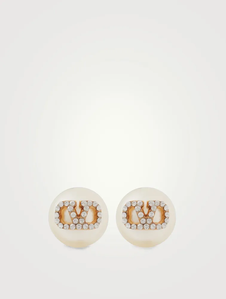 VLOGO Signature Faux Pearl Stud Earrings With Crystals