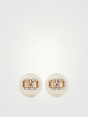 VLOGO Signature Faux Pearl Stud Earrings With Crystals