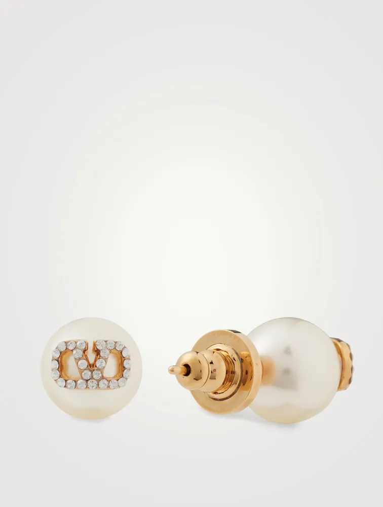 VLOGO Signature Faux Pearl Stud Earrings With Crystals