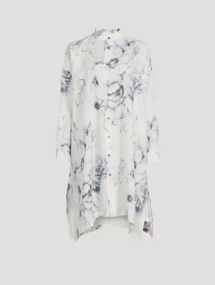 Linen Collarless Shirt Dress Floral Print