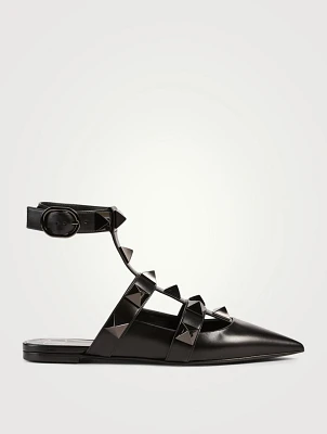 Roman Stud Leather Ankle-Strap Ballet Flats
