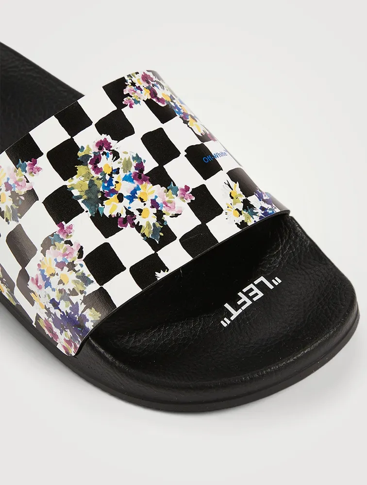 Rubber Logo Pool Slide Sandals Checked Print