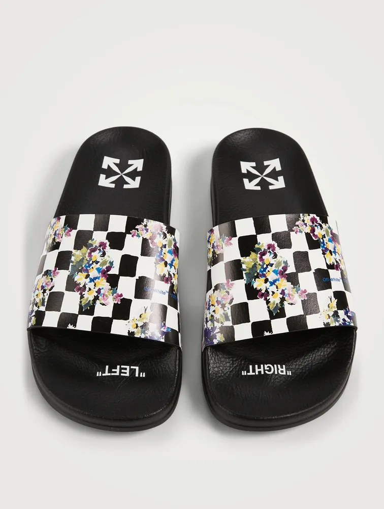 Rubber Logo Pool Slide Sandals Checked Print