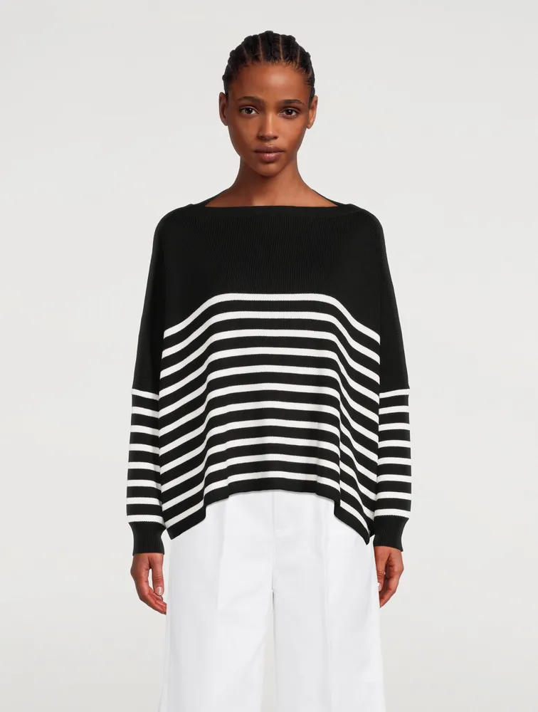 Cotton Boatneck Sweater Striped Print