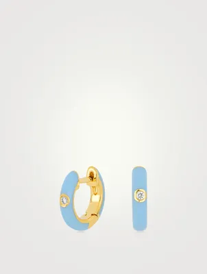 14K Gold Enamel Huggie Hoop Earrings With Diamonds