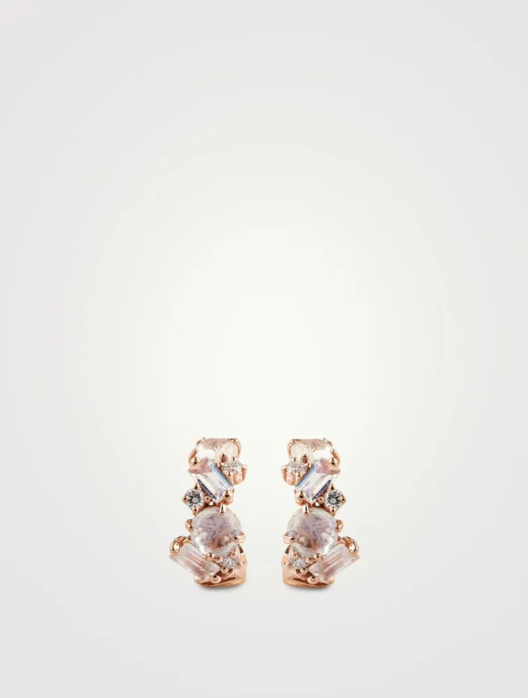 Bloom 14K Rose Gold Hoop Earrings With Rainbow Moonstone And Diamonds