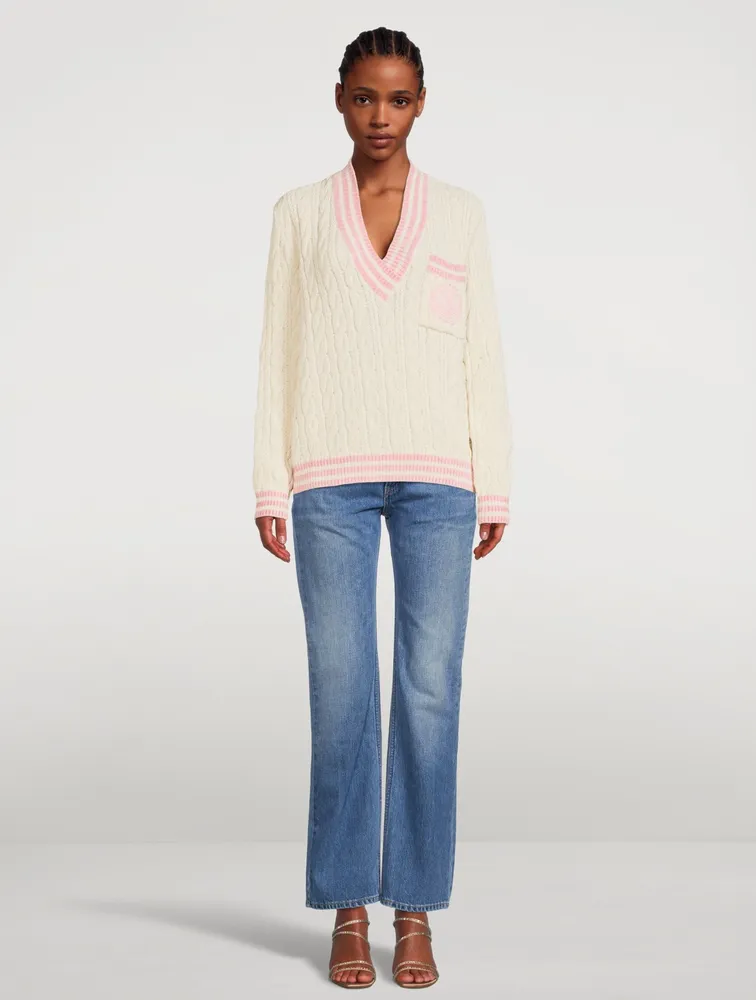 Wool-Blend Cable Knit Sweater With Patch